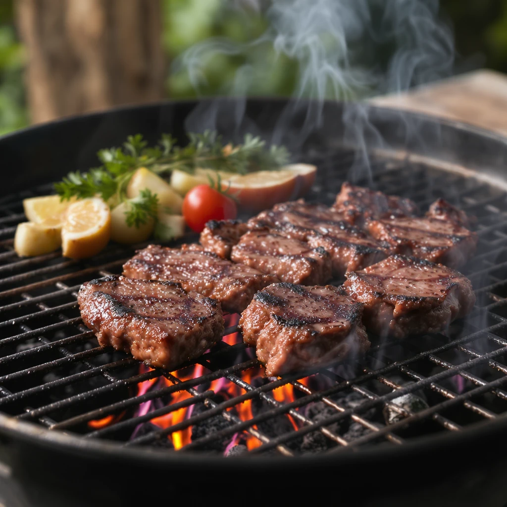 close-up of grilled meat on a charcoal grill, realistic style emoji