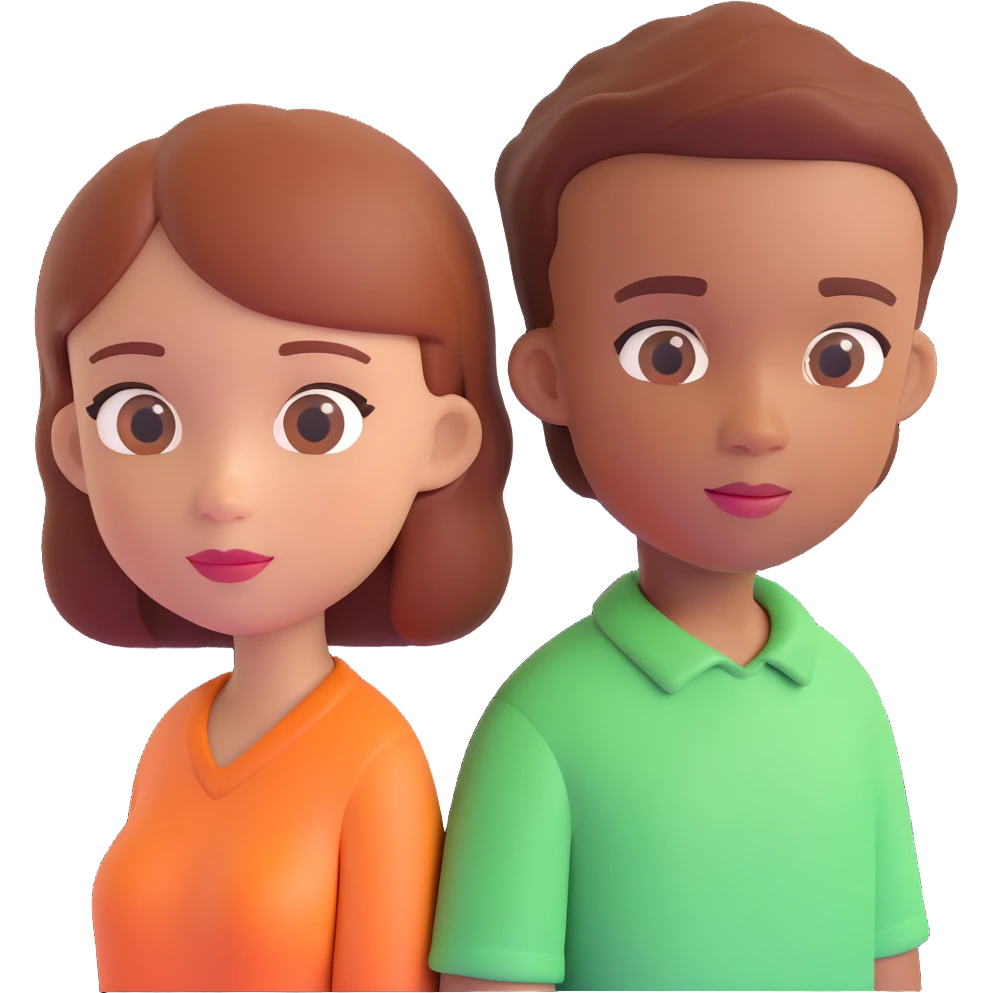 Slightly increase the volume of the upper body of the girl, separate the girl and the boy from each other, and make the skin color the same for both characters. Maintain the cartoonish 3D style. emoji