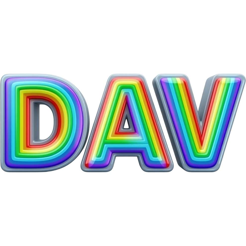 name "dave" in neon blue, 3D style typography lettering, each color of the rainbow as a border outlined around each letter, isolated, 3d rendering, no emoji icons no emoji faces and must have no human figures emoji