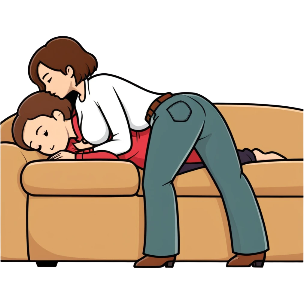  One Caucasian woman with brown hair, big boobs, wearing pants. Bent over couch. A bald man is humping her.  emoji