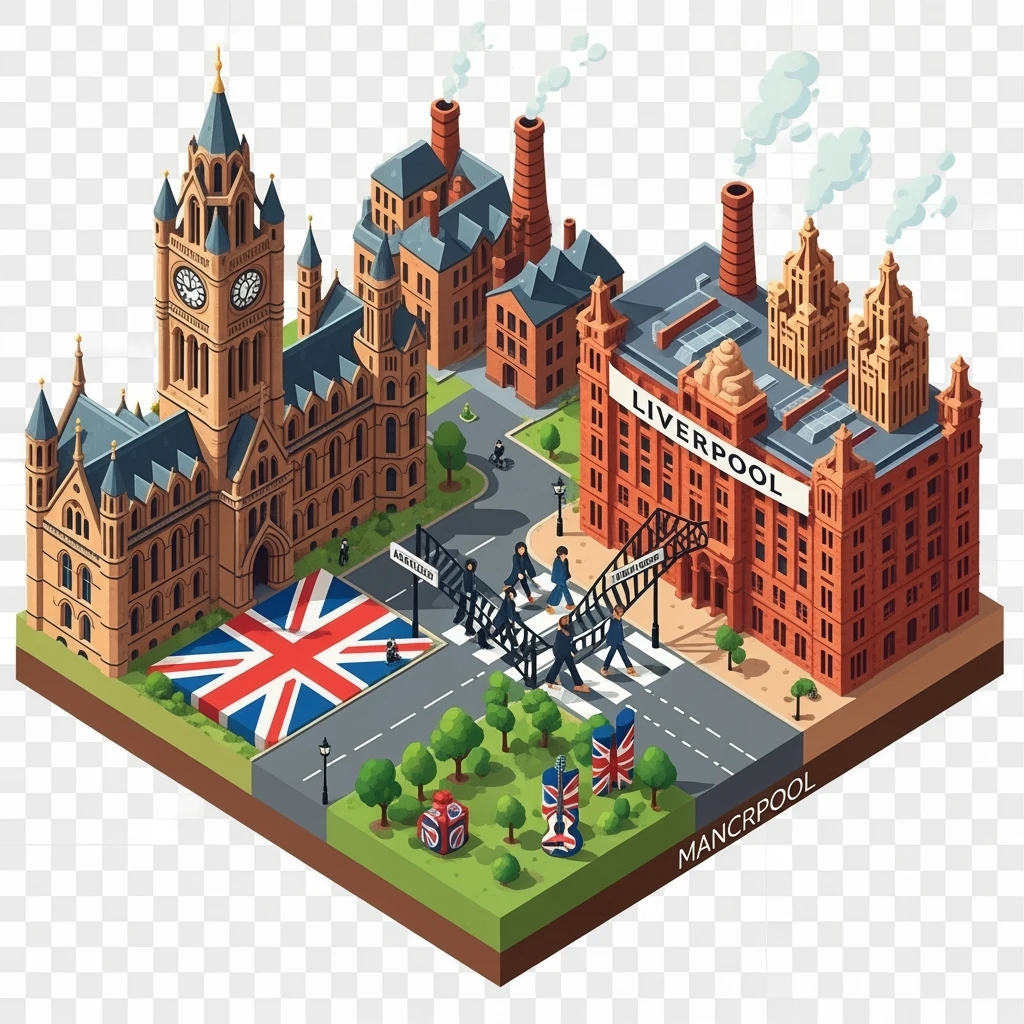 Isometric illustration of Manchester and Liverpool combined, Beatles references (Abbey Road sign), Manchester Town Hall, a Union Jack guitar and brick building in a miniature, toy-style factories, balanced between stylized painting and realistic,  transparent background emoji