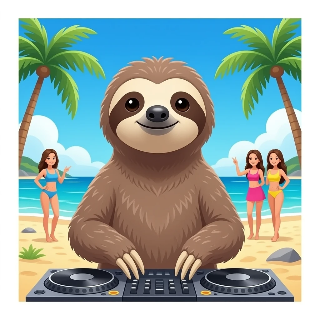 sloth as a DJ on the beach and beautiful girls emoji