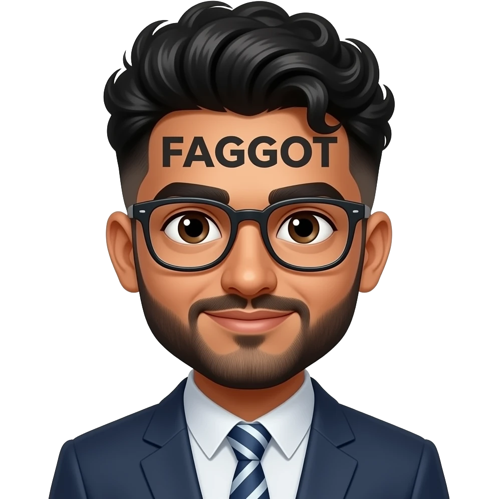 make an Indian guy wearing glasses and has a hair cut that is high fade with slightly curly hair. On top of the guy, write FAGGOT emoji