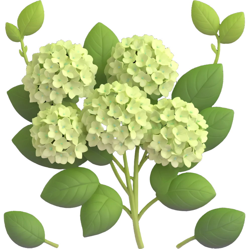 Charming hydrangea flower with kawaii style, soft rounded flower clusters in pretty pastel colors, and cute green leaves emoji
