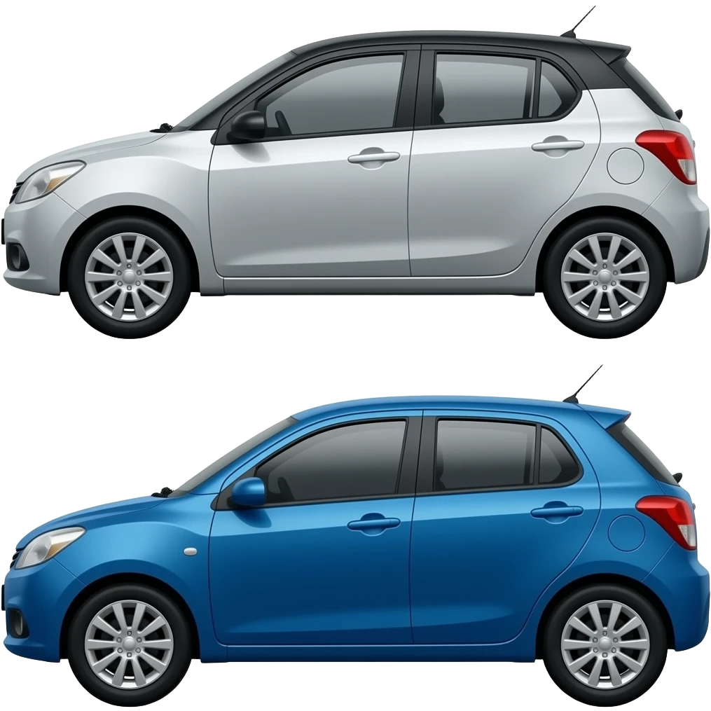 silver&top black  maruti suzuki victoris and  blue &top black maruti suzuki victoris . make both of them  above their windows height  are black color (half top black). make sure cars are facing each other. emoji