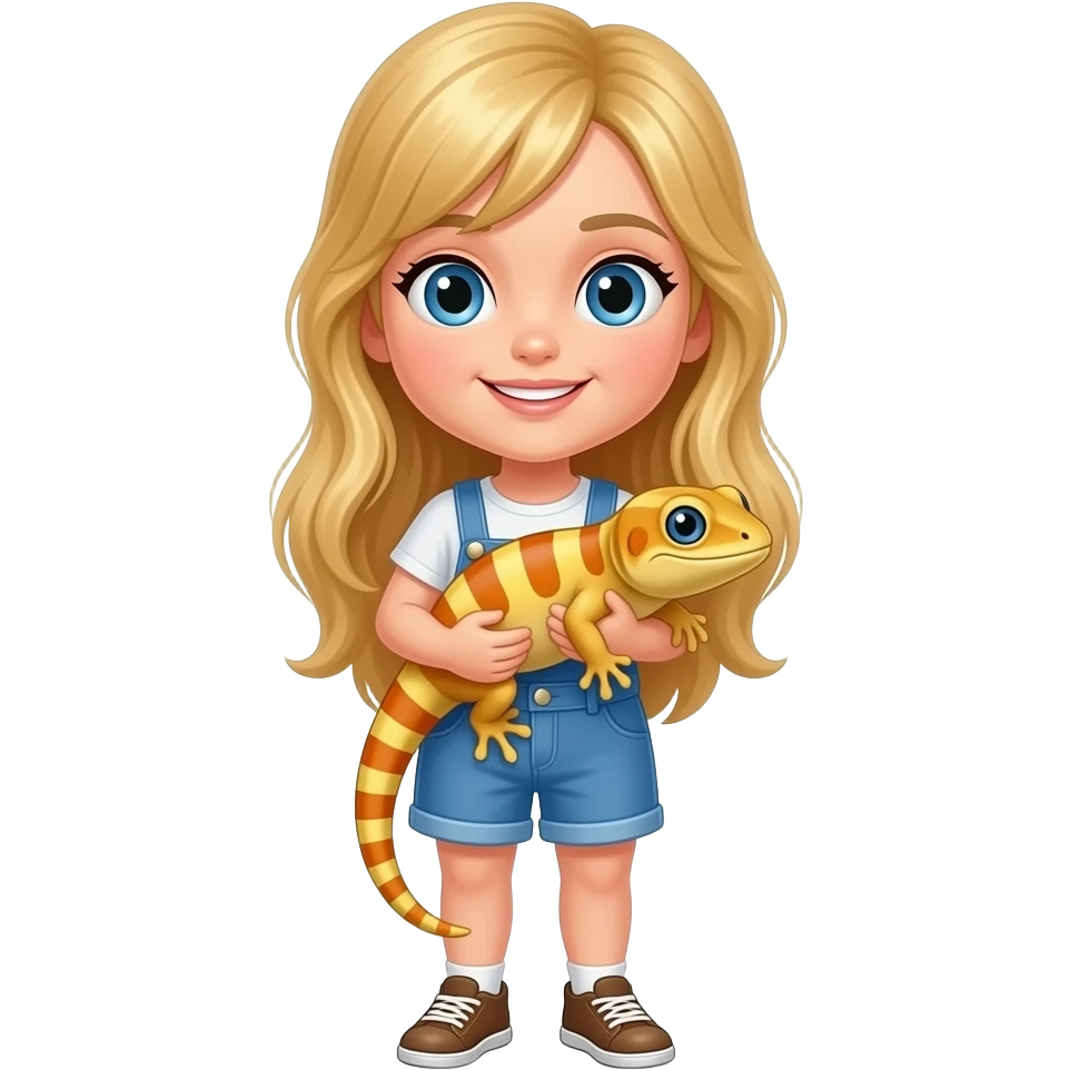 Blonde hair blue eyed girl EMOJI CLASSIC GIRL holding a tan yellow and orange crested gecko emoji