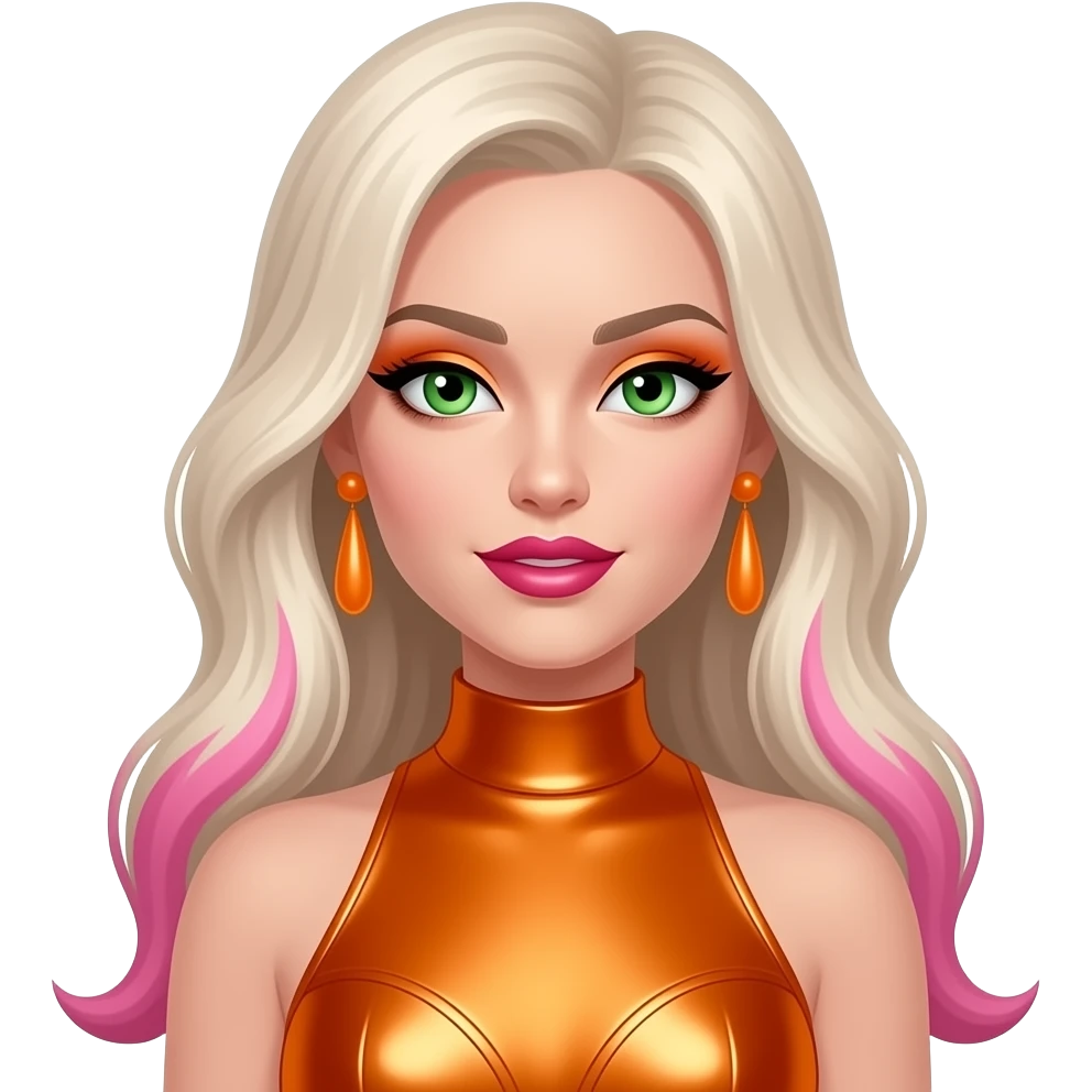Miranda from Diva Starz with green eyes, long platinum blonde hair with pink highlights, orange eyeshadow, hot pink lipstick, orange metallic high neck dress, orange earrings emoji