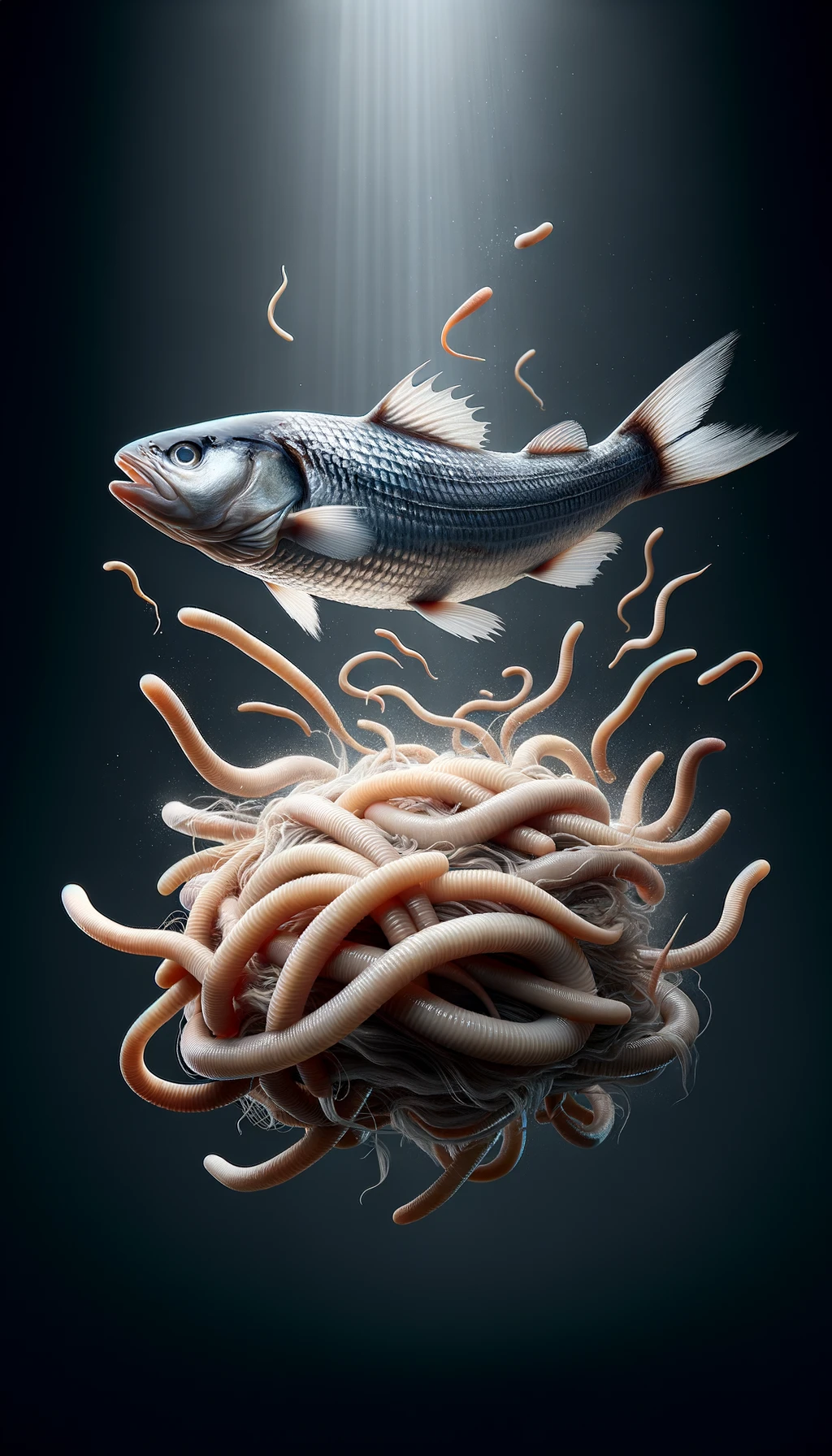 pesce crudo fluttua in aria insieme a dei lunghi vermi beige chiaro, iperrealistico 4k emoji