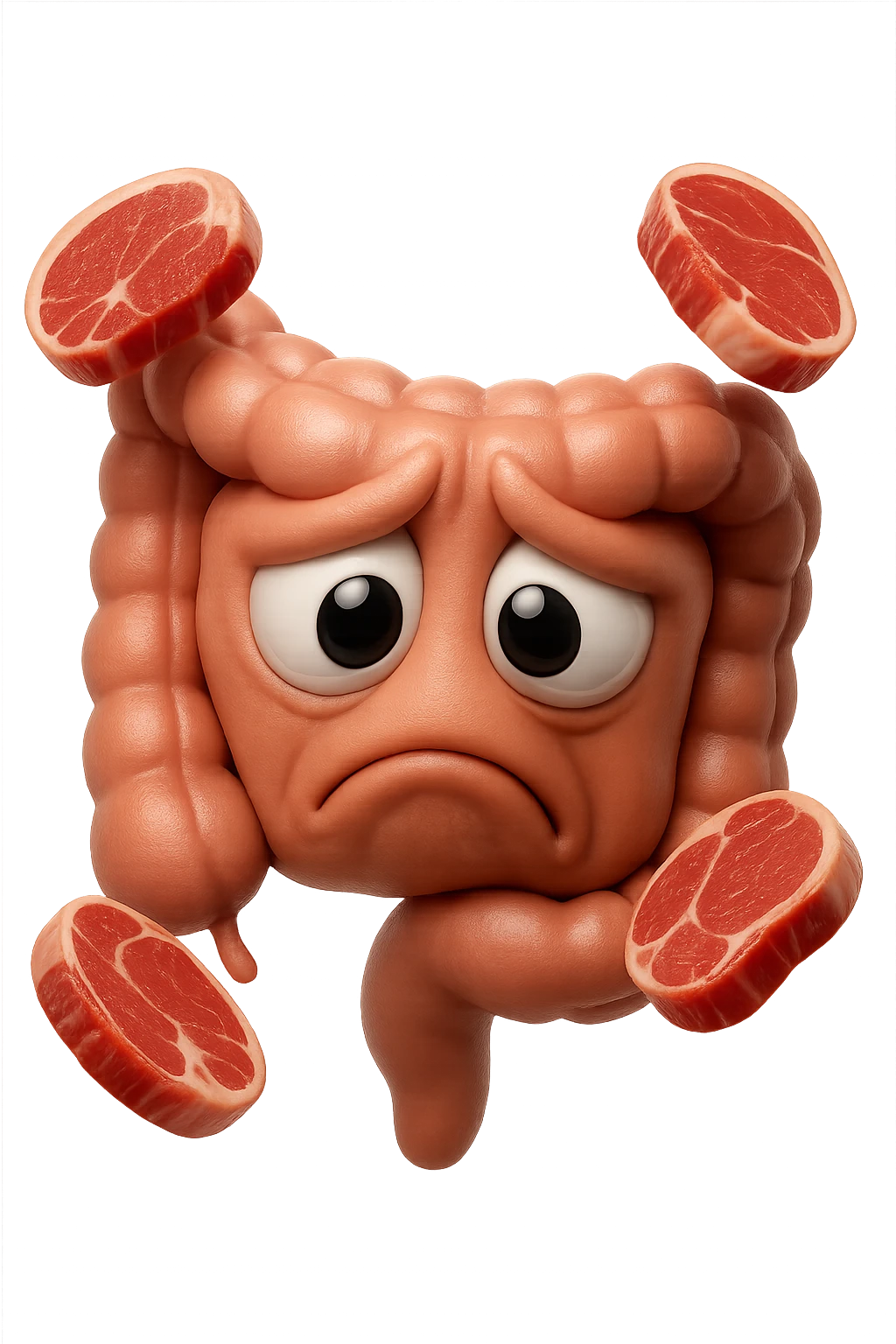 emoji stile iphone in 3d di un intestino triste con fette di carne che gli fluttuano intorno, gli occhi falli con la parte bianca pure, iperrealistico 4k emoji