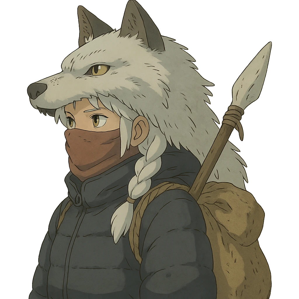 1 female, gold yellow eyes, white hair with a single long braid, wolf headdress, rag face covering, dark colored puffer parka, gazing into the distance. overcast lighting. the has a burlap bag-rope backpack, and a wooden spear with a bone knife tip emoji