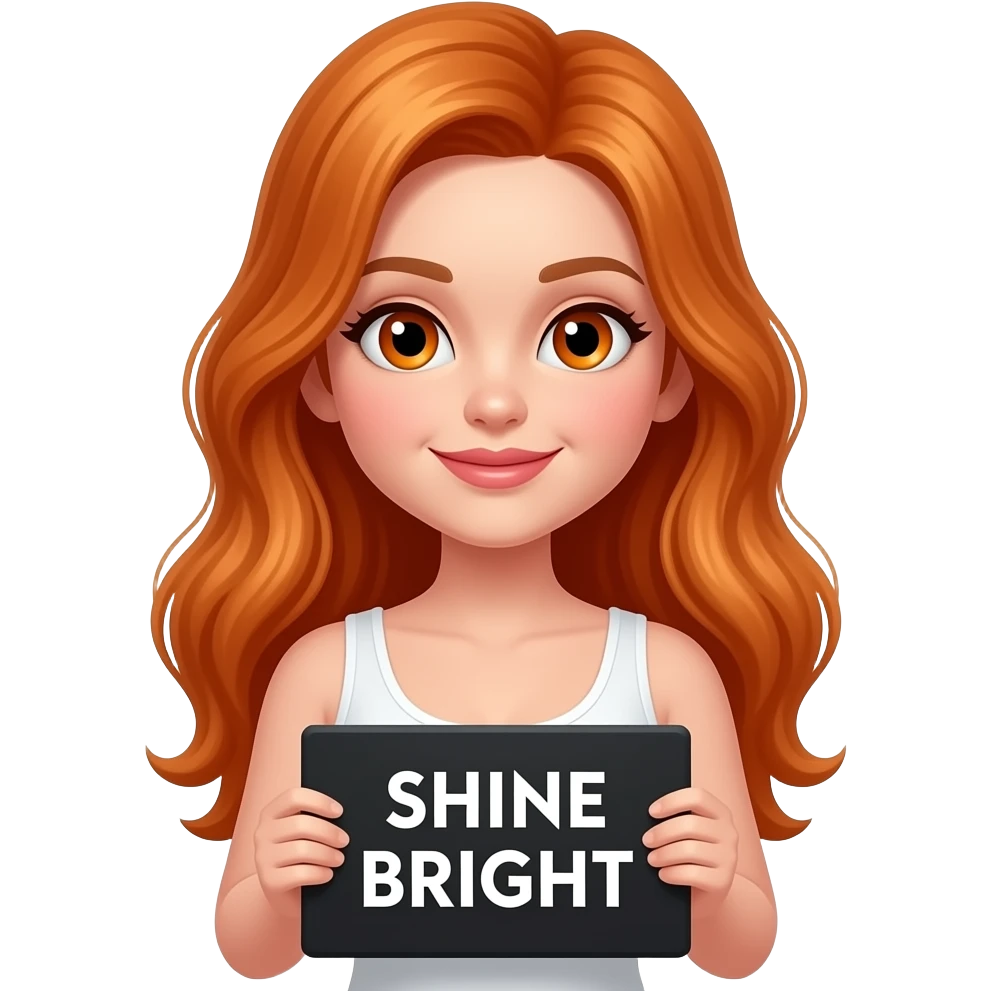 sexy girl with long ginger hair and ginger eyes wearing a white tanktop is holding a black sign with SHINE BRIGHT like a DIAMOND written on it emoji