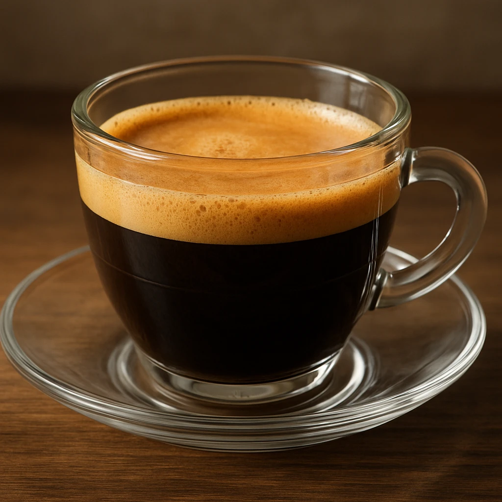 espresso coffee, realistic style, glass cup, crema on top, detailed coffee texture emoji