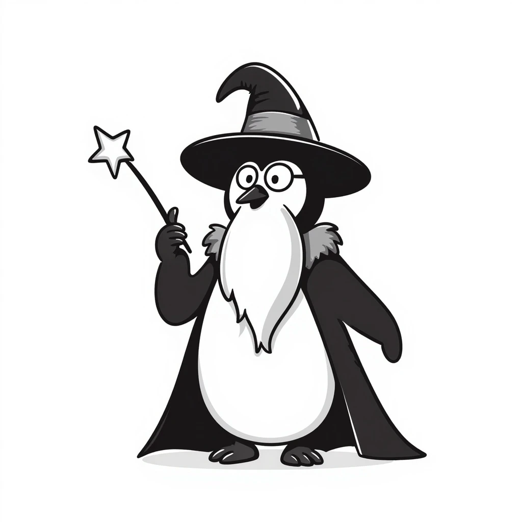 a penguin wizard with glasses, a long beard, and a wand, hand-drawn doodle style emoji