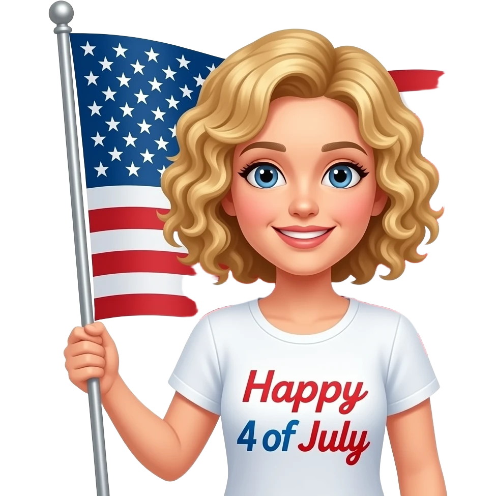 blonde tight curly hair in a short bob with a Happy 4 of July banner in red writing and a white short sleeve art blouse and a huge flag emoji