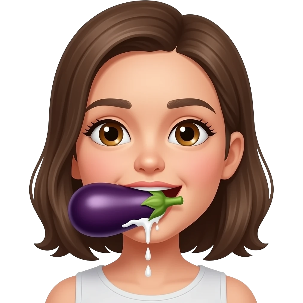 A girl sucking an eggplant in her mouth with milk coming down her chin emoji