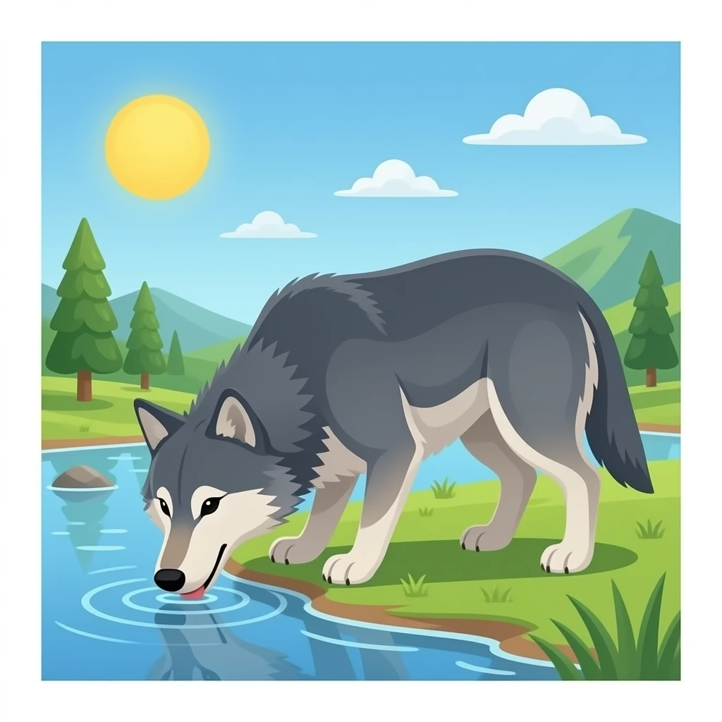 Hazme un rio con un lobo bebiendo del lago. El lobo tiene que tener mucha barriga. emoji