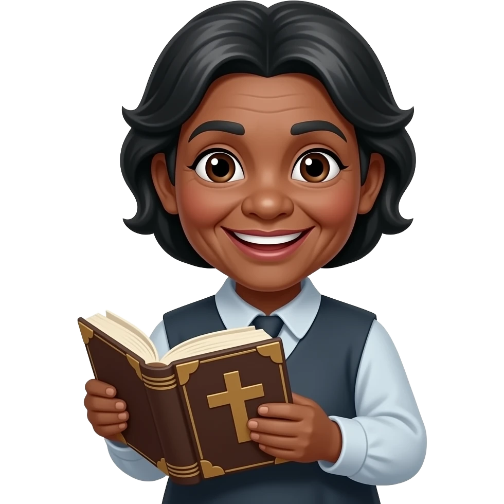 wise old woman with greying black hair black skin smile with book that has a cross on it emoji