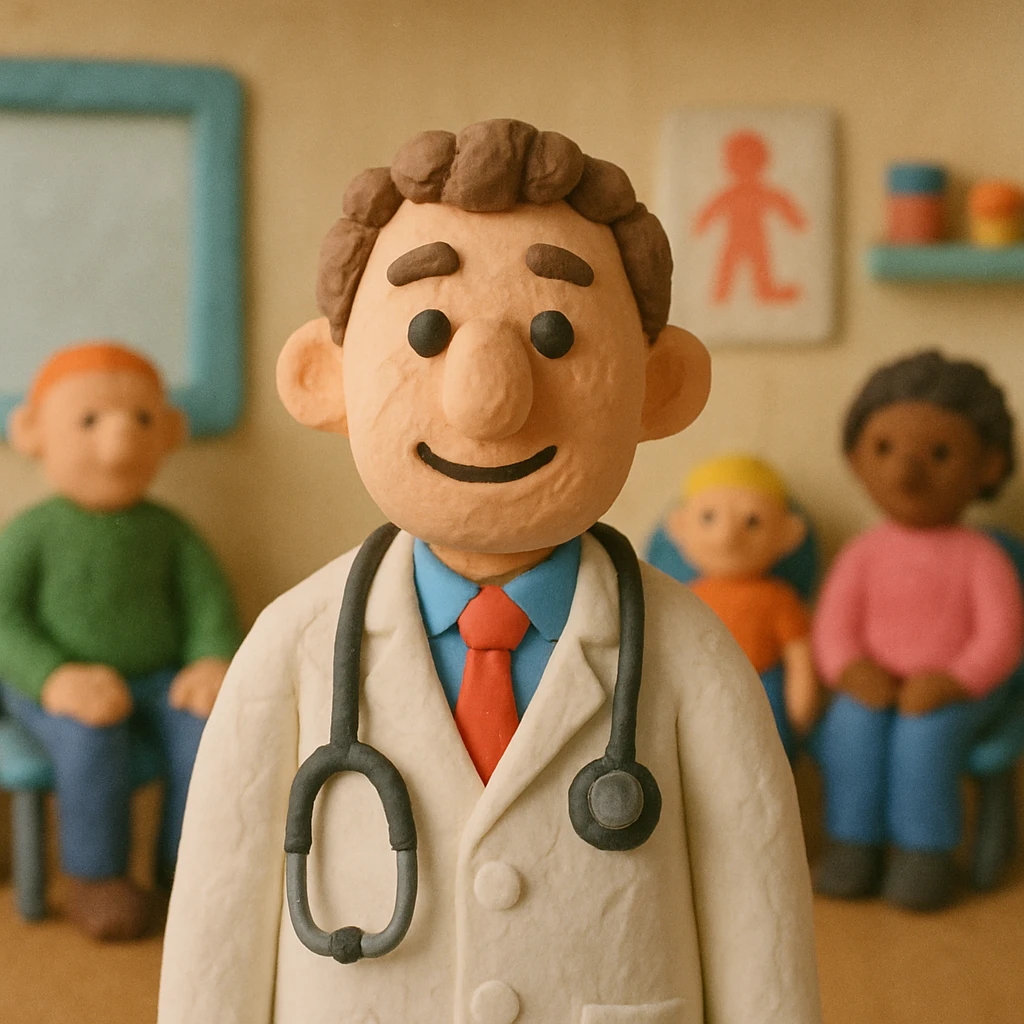 A friendly doctor standing in a busy doctors surgery with patients in the background emoji