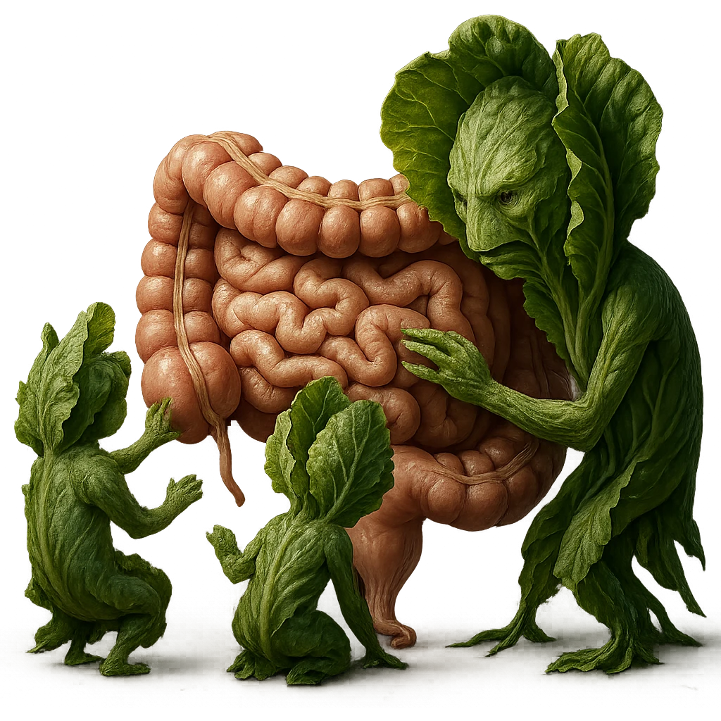 Ultra-realistic 4K illustration: stylized lettuce leaves depicted as plant-like creatures interacting with a human anatomical model of the intestine. The scene is surreal and scientific, with organic textures, refined biological details, dramatic lighting, and a bio-fantasy photorealistic style emoji