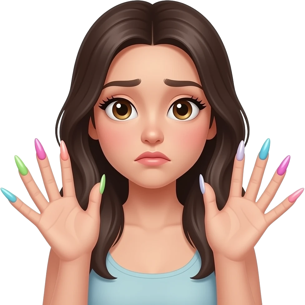 aesthetic emoji girl, confused expression, looking at different nail designs in each hand, mismatched nail styles, long acrylic nails, pastel colors, trendy nail art, soft glam makeup, clean minimal background, soft lighting, girly aesthetic, 3D emoji style, high detail emoji