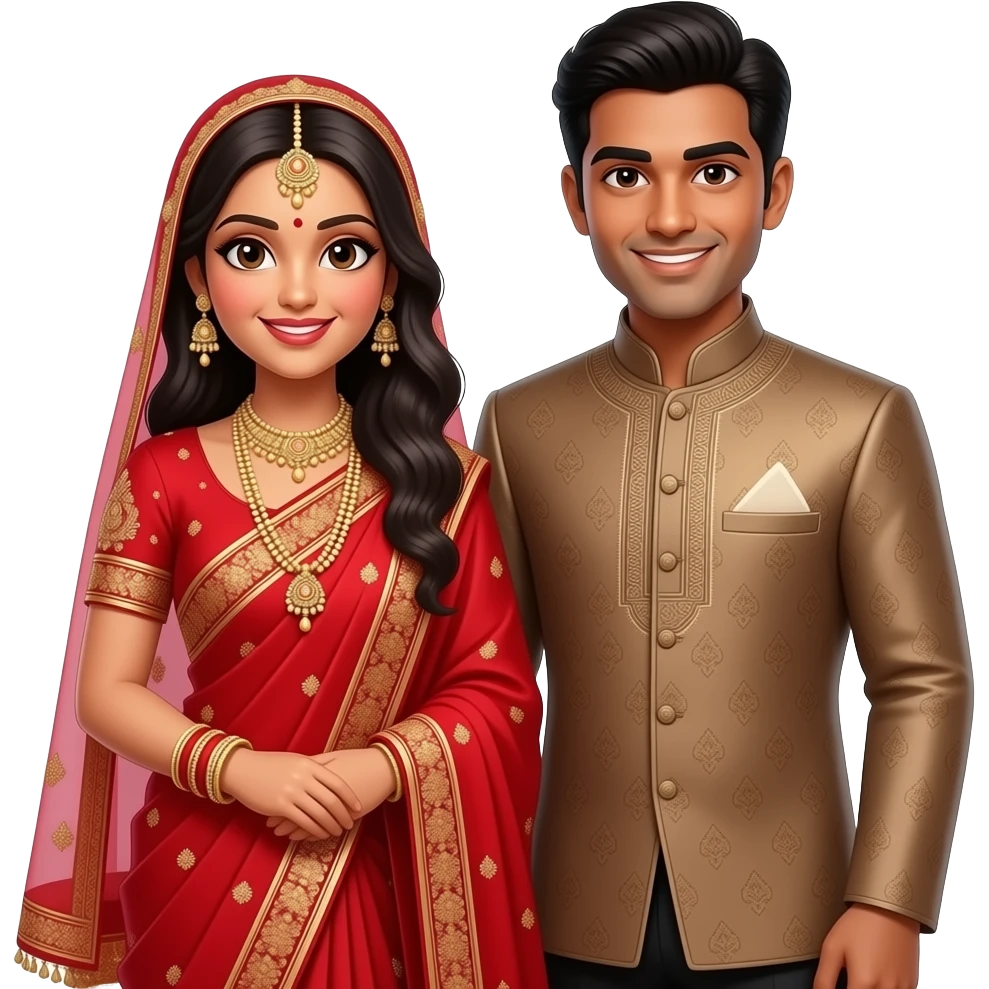 Fair bengali bride wearing red saree with dark skinned groom wearing sherwani emoji