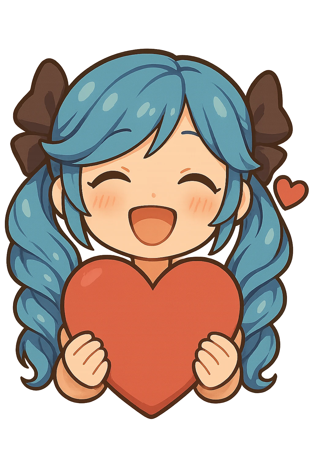 Make the heart much bigger and have Gwen's chibi hands holding the heart, keep happy expression, only head and hands visible. Variation 4. The style should be consistent with the original image. emoji