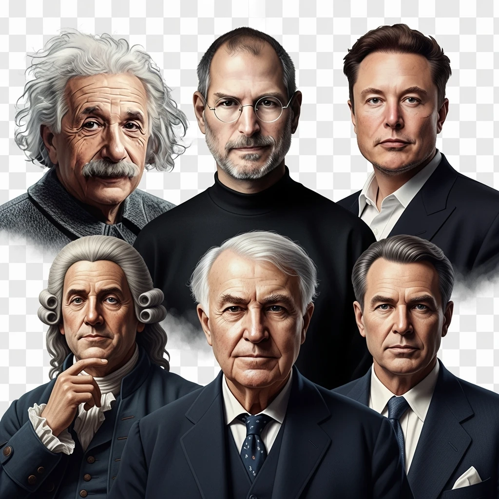 Generate in realistic style Franklin, Edison, Henry Ford in the first row, Einstein, Jobs and Musk in the second behind them. png on transparent background emoji