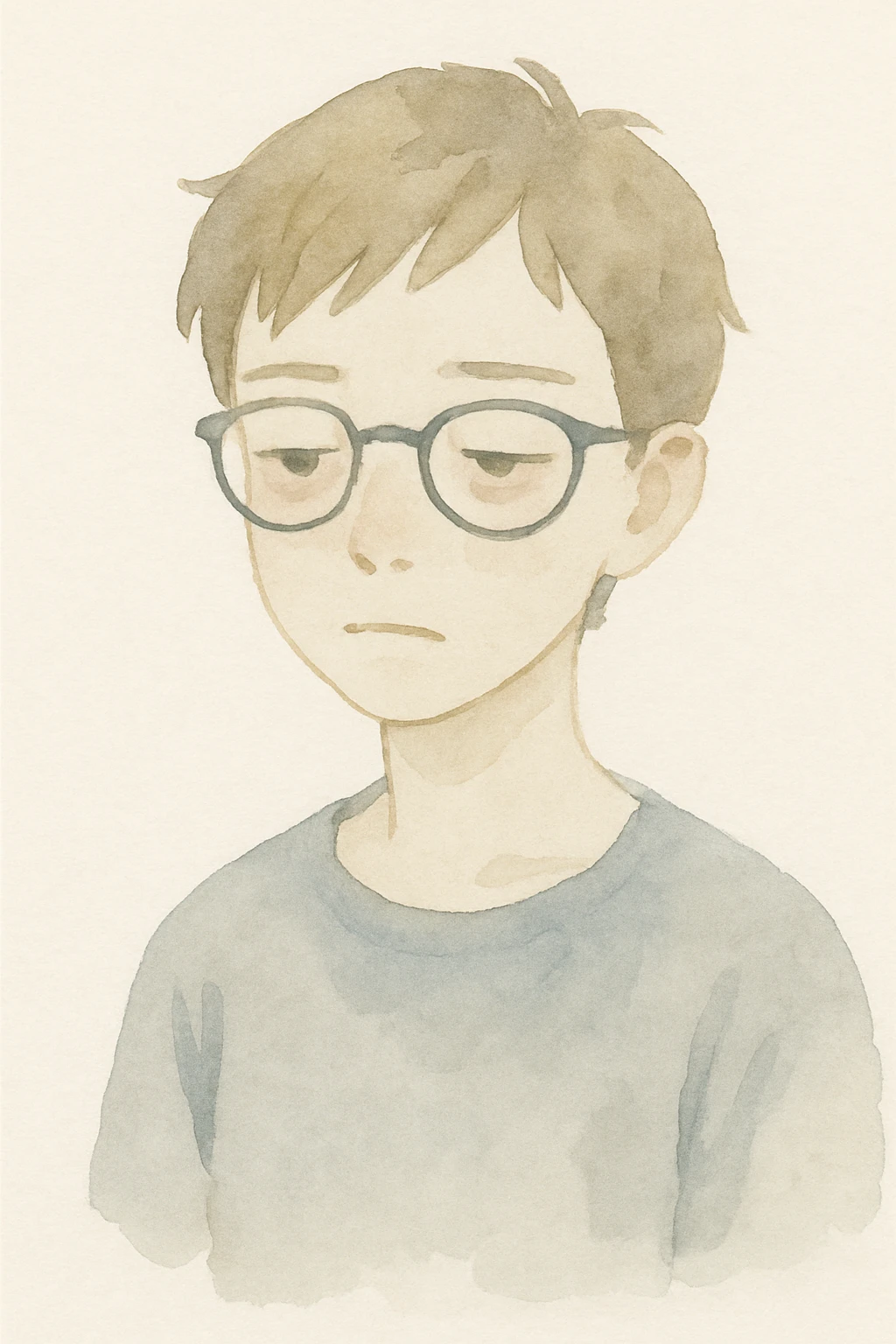 short-haired girl with a boyish style, tired face, wearing glasses, watercolor painting style emoji