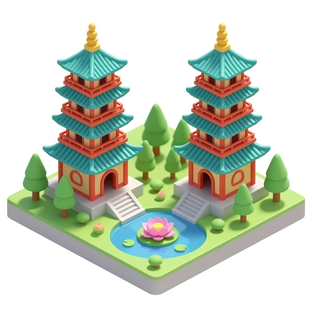 3D isometric miniature emoji of the Dragon and Tiger Pagodas, cute chibi style, glossy vibrant colors, dragon and tiger entrances, small lotus pond, soft lighting, clean minimal background, toy diorama look emoji