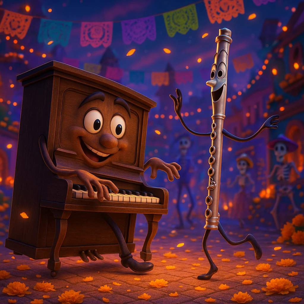 (Style film coco de pixar ) un piano au royaume des mort danse avec une flûte  emoji