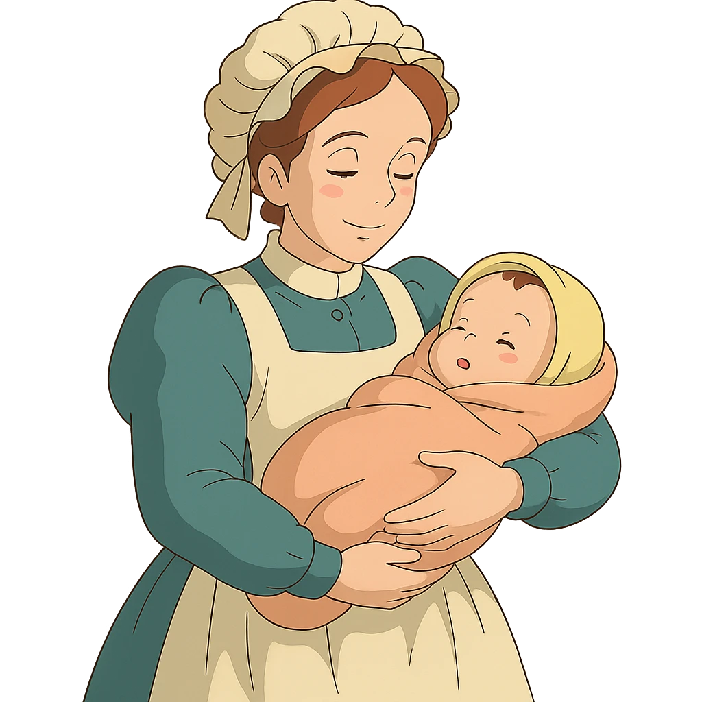 victorian midwife holding a baby with background emoji