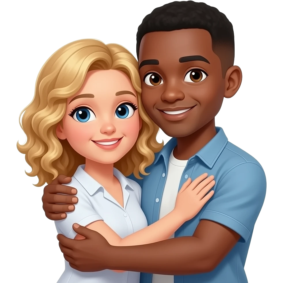 black guy with short hair hugging curly blonde woman emoji