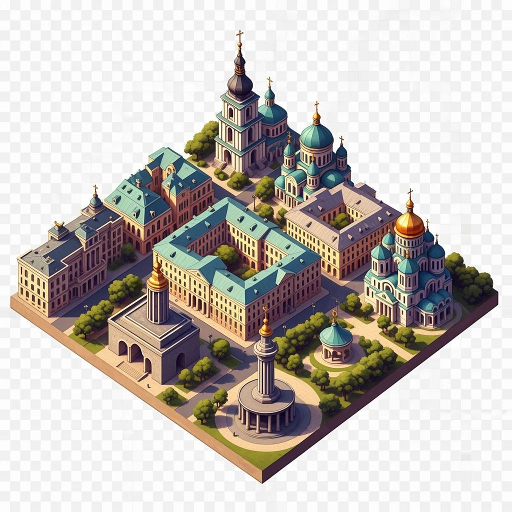 Isometric illustration of photorealistic Kyiv, balanced between paint stylized and realistic, 3D miniature effect, transparent background. emoji