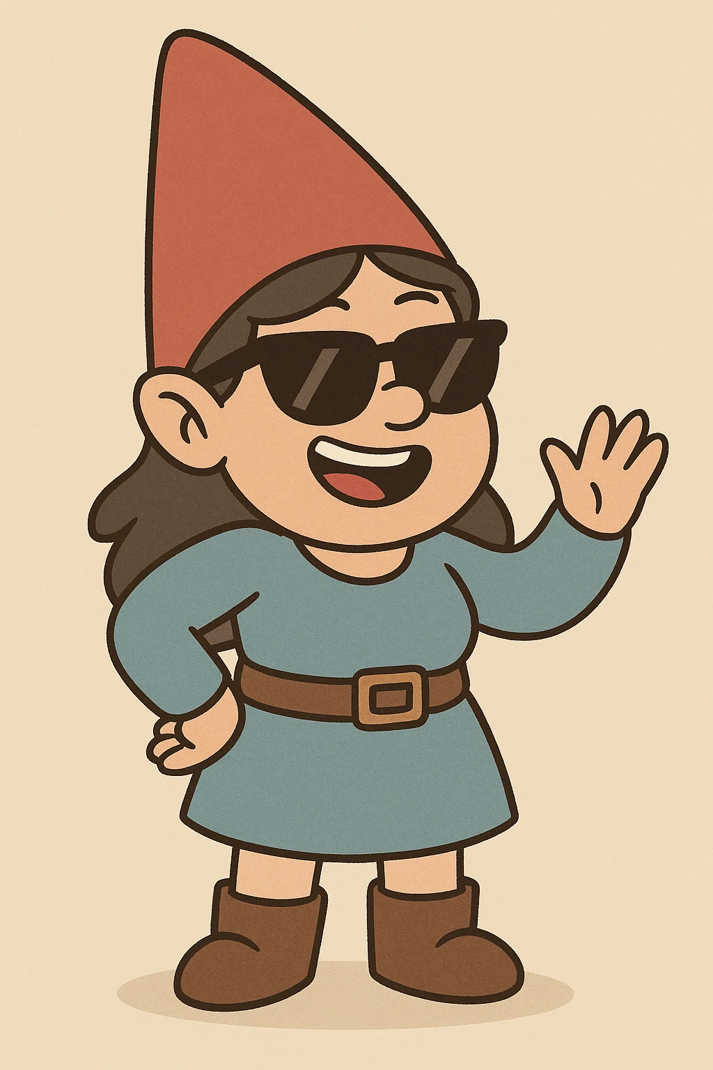 female gnome with sunglasses, cartoon style, cheerful vibe emoji