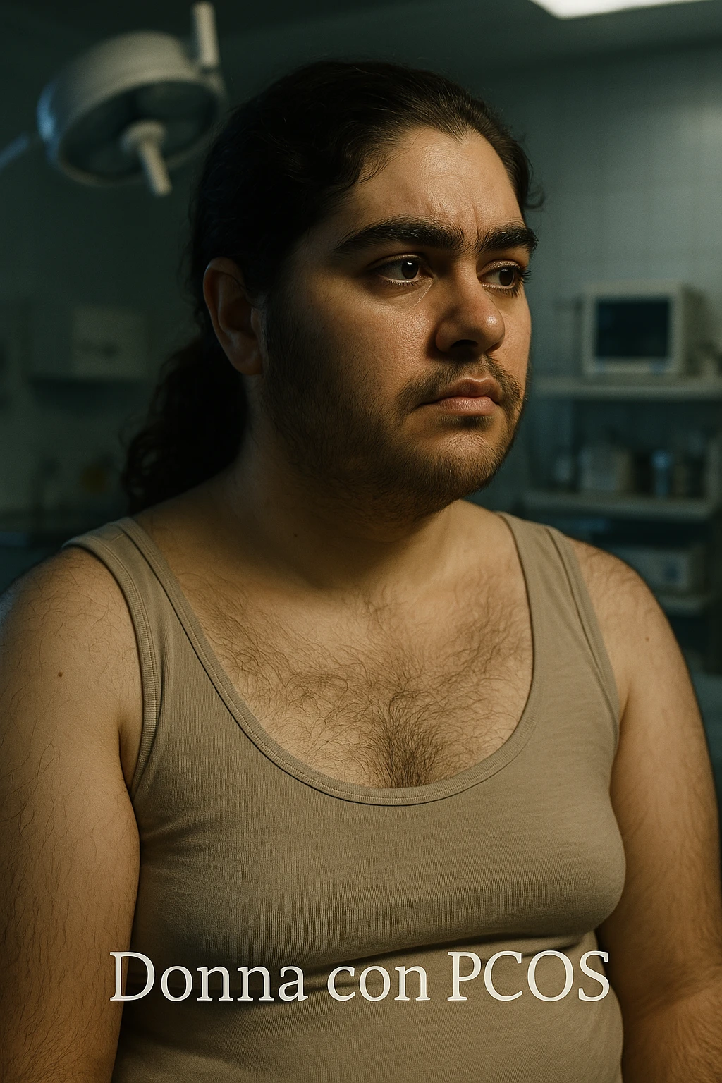 vertical realistic cinematic image of a woman with PCOS, excess hair everywhere, clinical atmosphere, dramatic lighting, Italian captions, aspect ratio 2:3 emoji