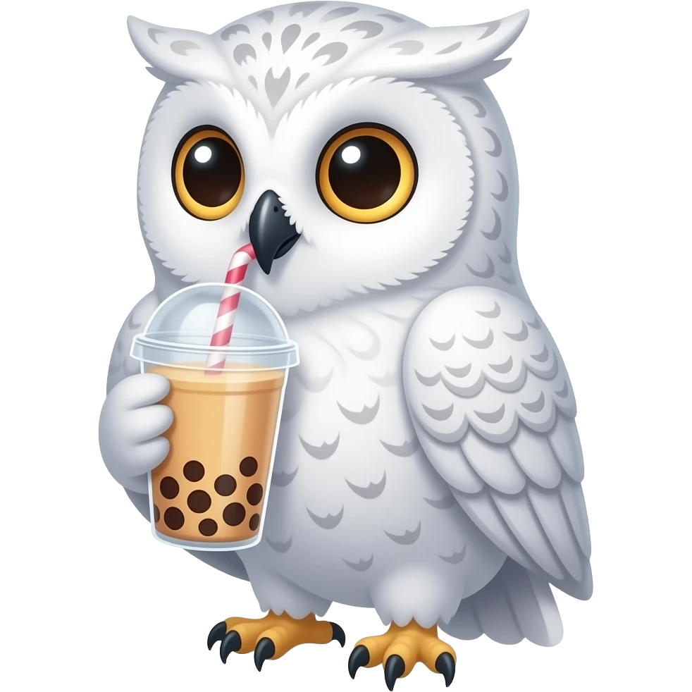 Bubble tea drinking female white owl anime style cute emoji