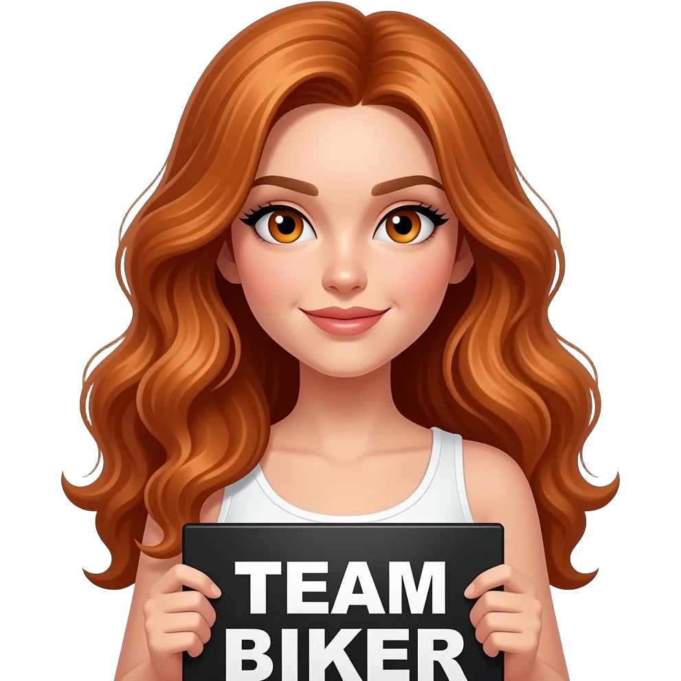 sexy girl with long wavy ginger hair and ginger eyes wearing a white tanktop is holding a black colored sign with TEAM BIKER written on it emoji
