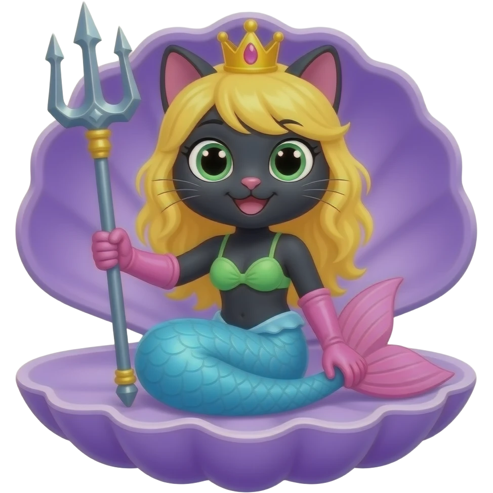 black anthro cat  happy light blue  mermaid tail with pink fins and long pink gloves  yellow hair crown green swimsuit sitting on an open purple clam holding a trident artistic creation, beautiful art cartoon style art kawaii style art clipart art emoji