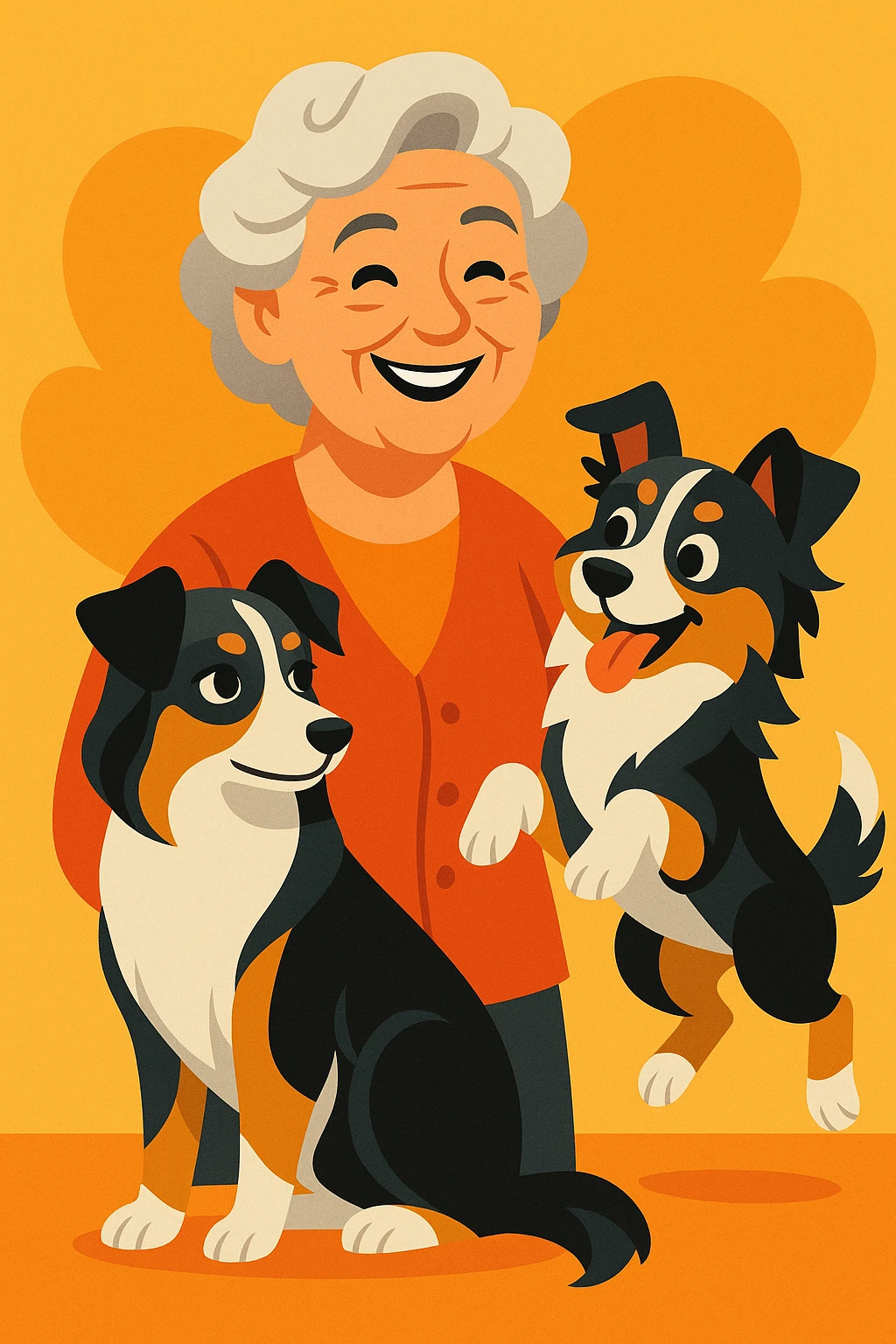 cheerful grey-haired woman accompanied by two mini Australian shepherds, one graceful female and one playful boyish male, both clearly characterized in a warm, friendly illustration emoji
