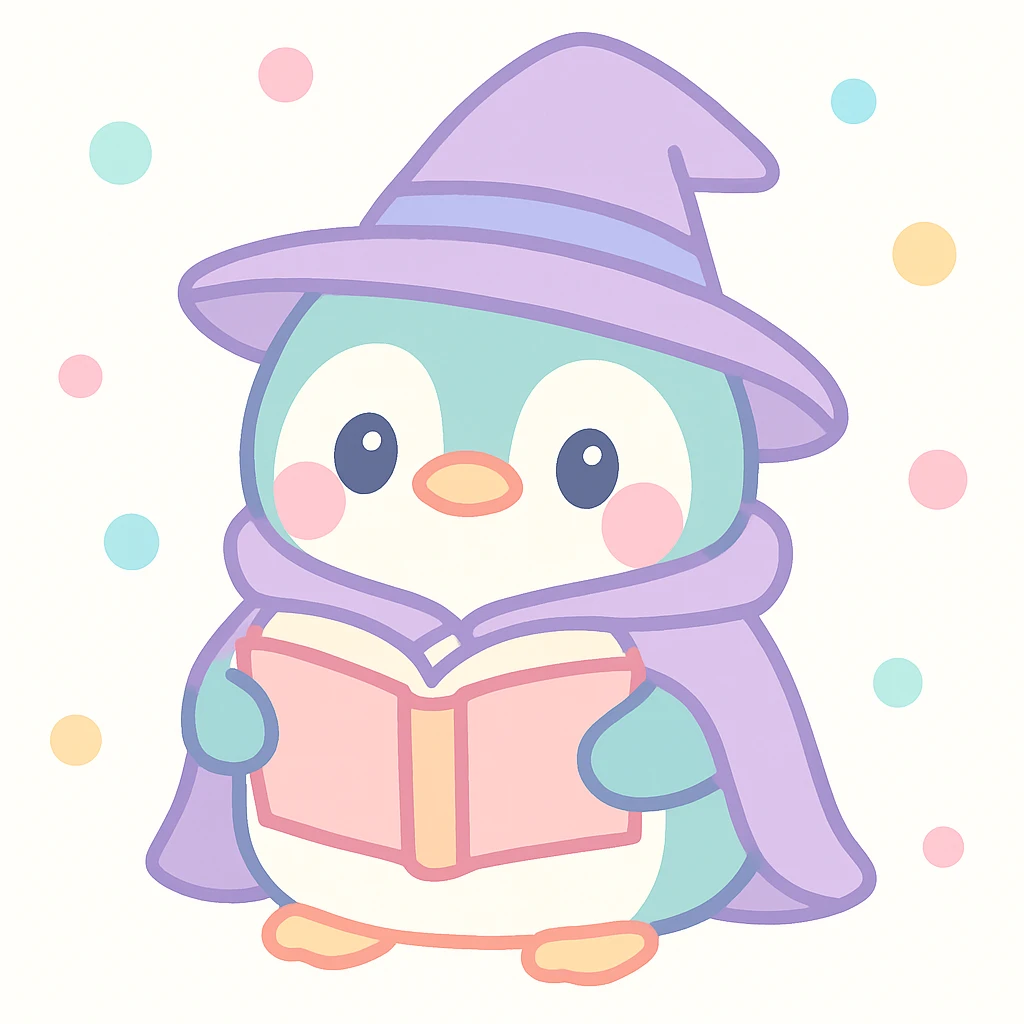 playful chubby penguin with a wizard hat and cloak, holding an open spellbook emoji