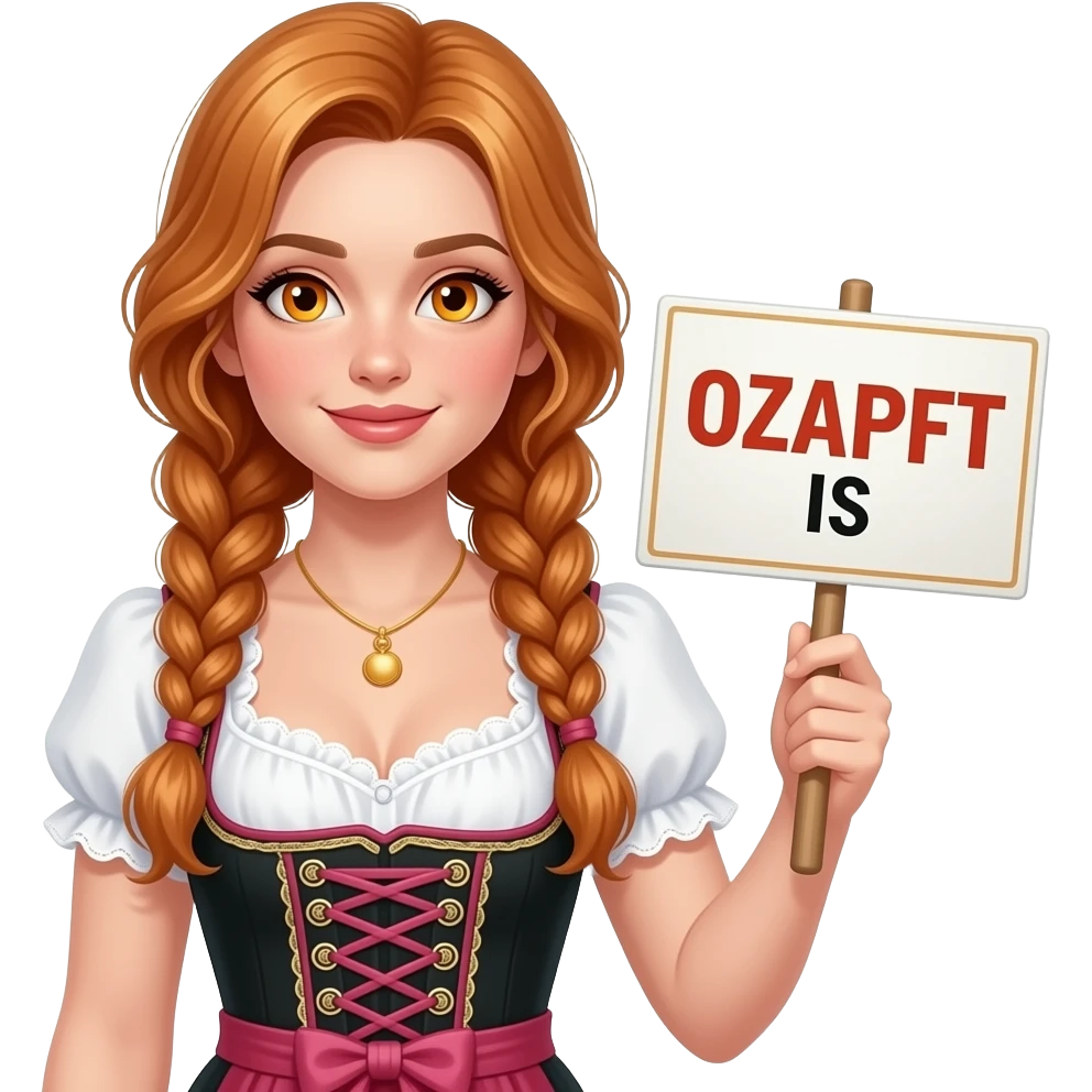 sexy girl with long wavy ginger braids and ginger eyes wearing a dirndl is holding a sign with OZAPFT IS written on it emoji