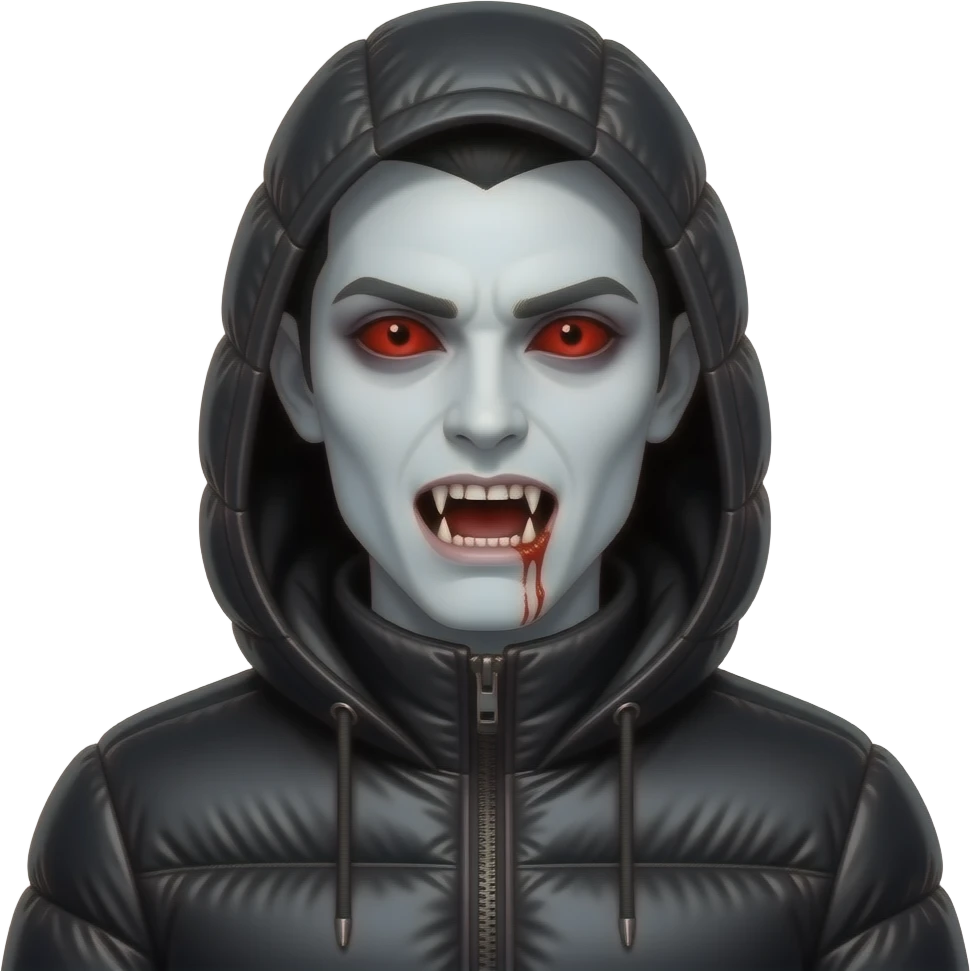 create a picture of a white pale vampire with full red sclera with no pupil and long fangs and bloody mouth and full black moncler jacket closed and wearing the hood of the jacket on his head up emoji
