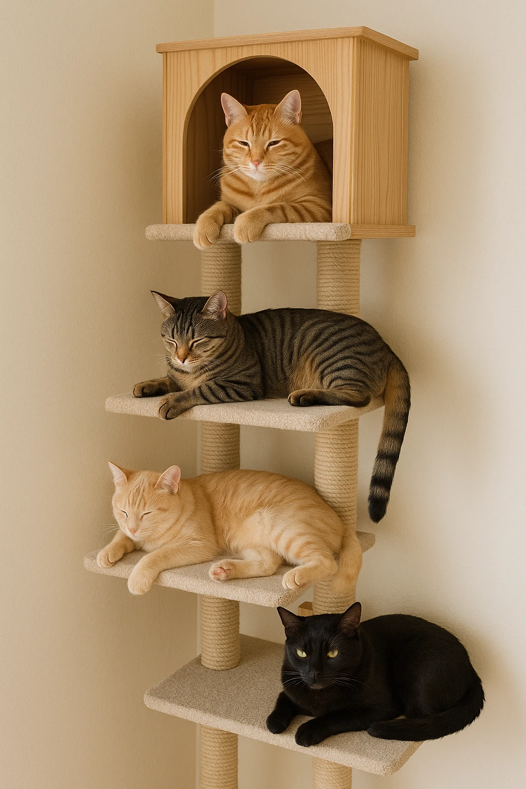 cats relaxing in a vertical playhouse emoji