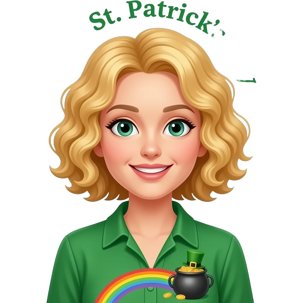 blonde tight curly hair in a short bob with St. Patrick's in a green blouse with rainbow and a pot of gold and Happy  St. Patrick's Day over my head emoji