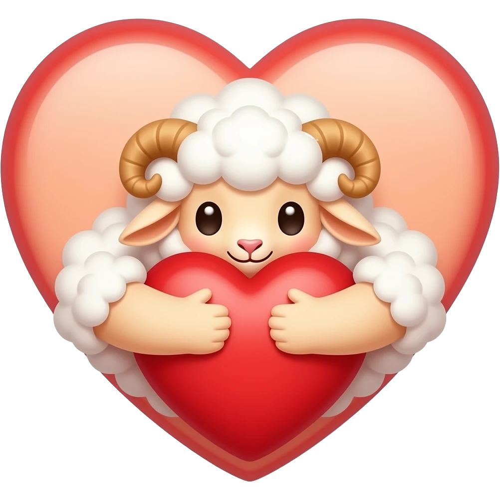 Cute ram with horns emoji hugging a large red heart, close-up emoji