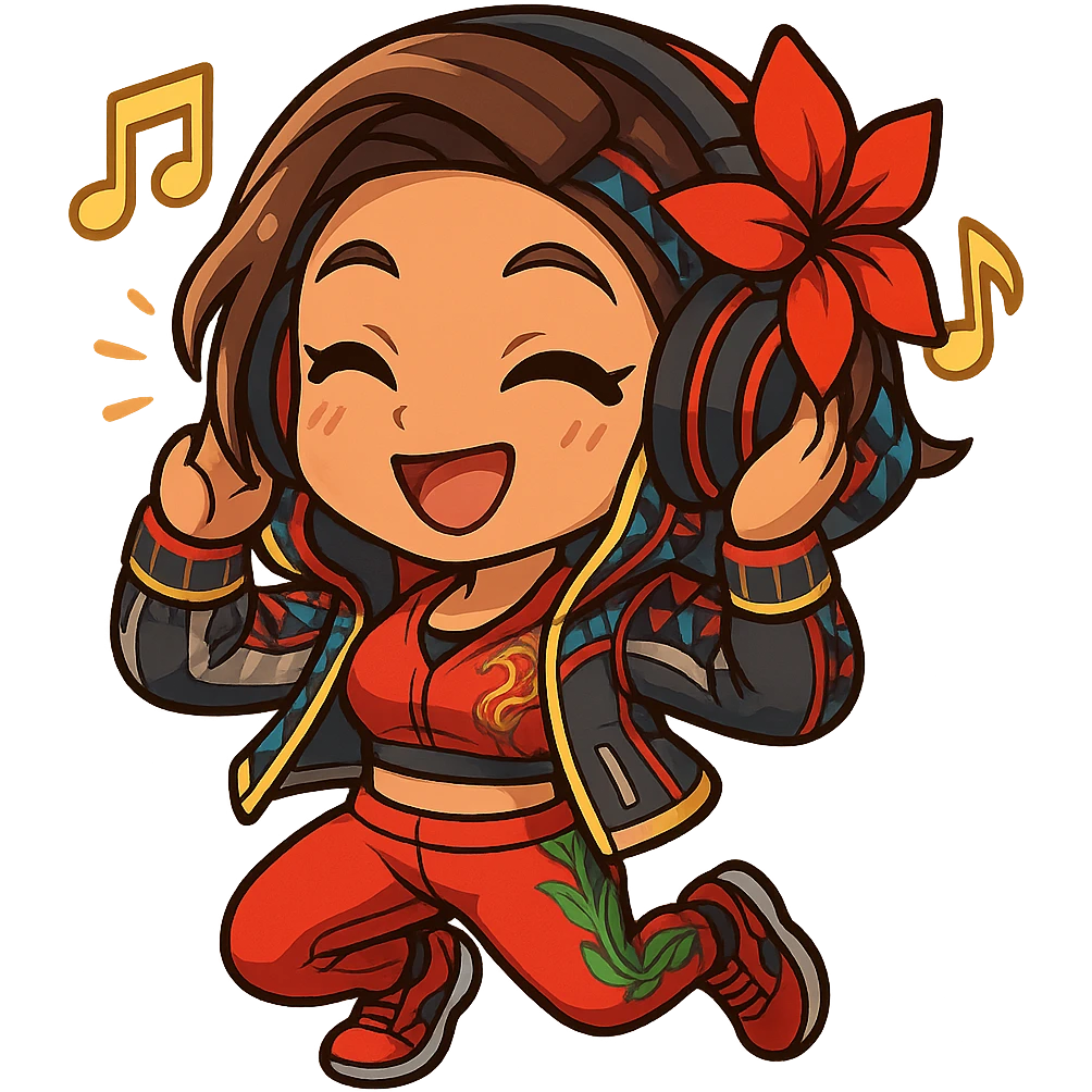 Azucena from Tekken 8 in chibi sticker style, with headphones, jamming to music, wearing the detailed red and patterned outfit from the reference images, designed for Twitch emote use. emoji