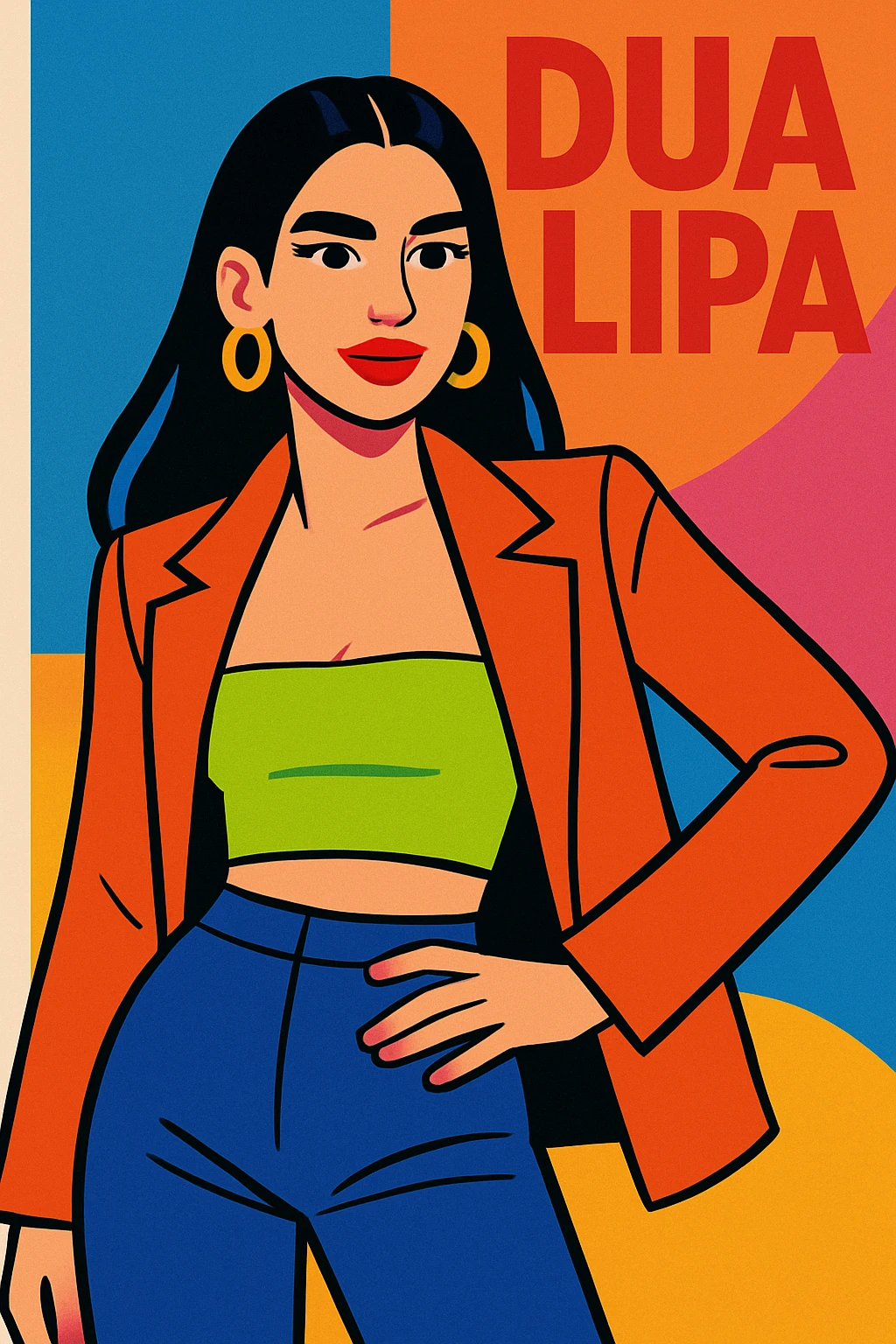Dua Lipa as a stylized pop icon, vibrant colors, bold fashion, confident pose emoji