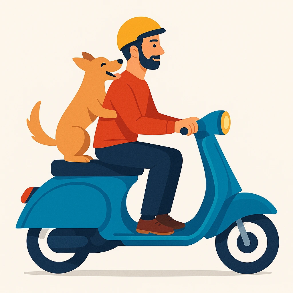 vector art of a man and his pet dog riding a vespa, for website design  emoji