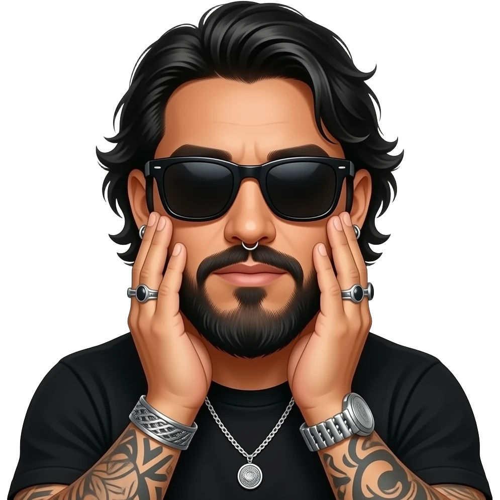 handsome, manly Latino podcast host with black colored eyes wearing black with silver jewelry, with medium length hair, a very long, lightly graying beard and tattoos, his ear pierced and right nostril as well, dark sunglasses. Face palms emoji