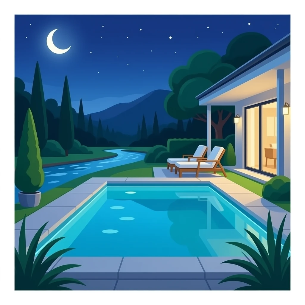 pixar-style 3D emoji style, glossy surface, soft shadows, white background, centered, no text, creek-side patio, relaxed upscale night vibe, blue and teal tones, no buildings emoji